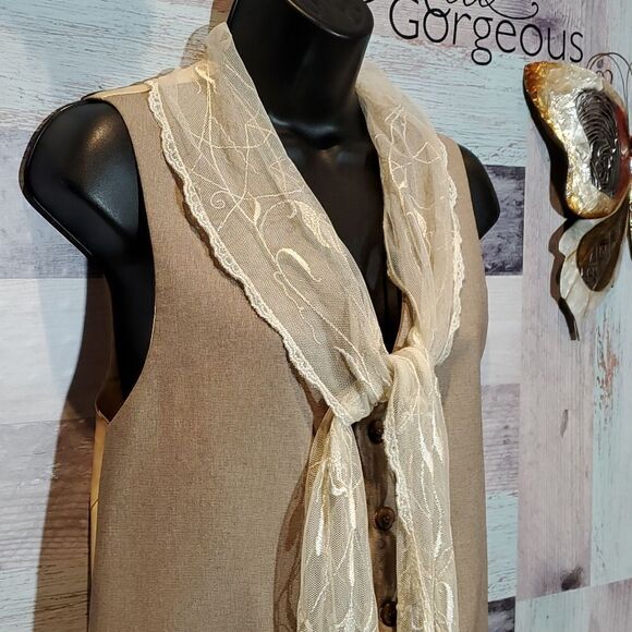 Handcrafted Upcycled Tweed Vest With Lace Scarf & Trim, Sz M? - Picture 3 of 5
